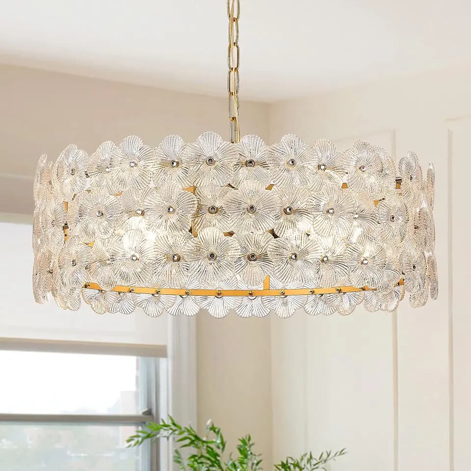 Clear Flower Glass Chandelier 24" 8-Light Gold Pendant Lighting