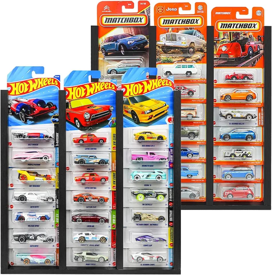2 Pack Display Case for Hot Wheels, Solid Wood Hot Wheels Storage Organizer Wall Mount Holds Up to 48, Toy Car Display Shelf for Diecast Cars, Gift for Boys, Kids & Collectors, Black