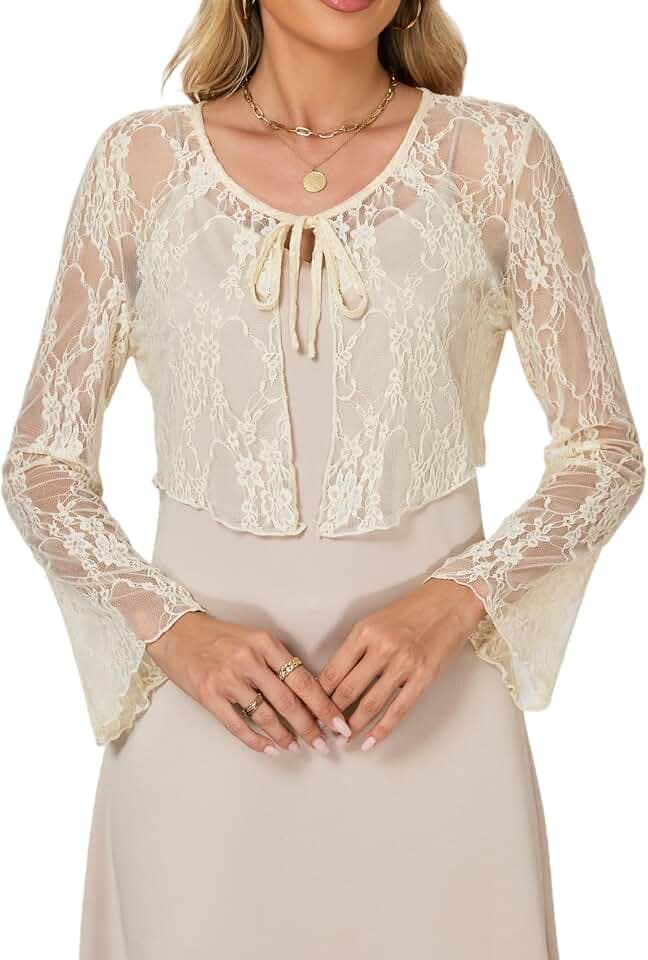 Damen Bolerojacke Elegnat Festlich Spitzen Bolero mit Bindeband Langarm V Ausschnitt Cardigan Jäckchen über Kleid