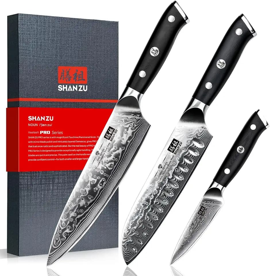 SHAN ZU Damastmesser Set 3-teilig, japanisches Damast Küchenmesser Set