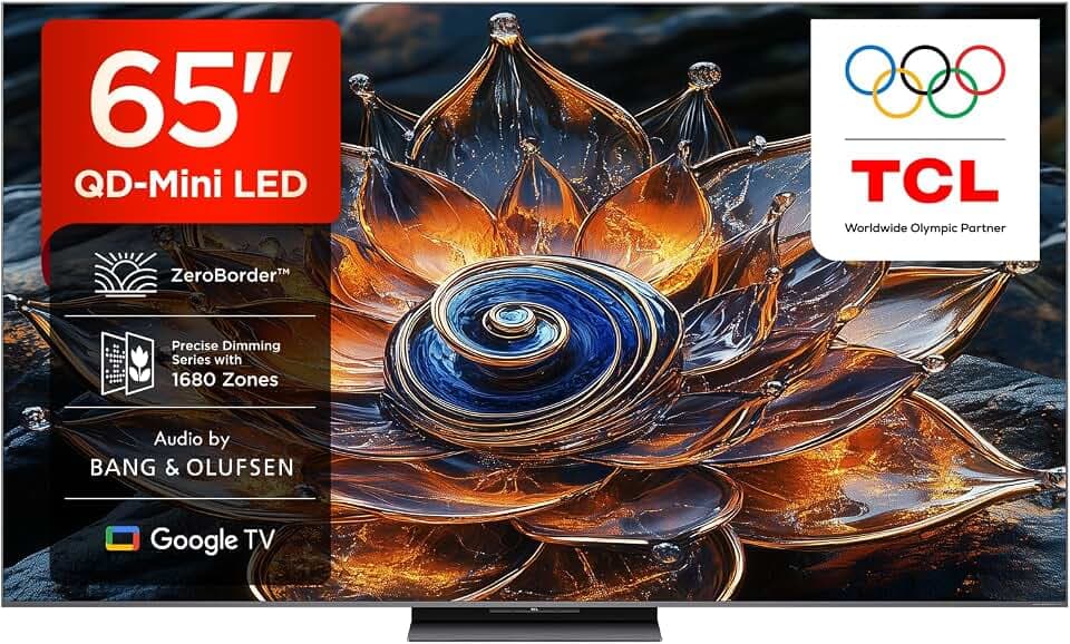 TCL 65Q8C 65 Zoll QD-Mini LED-Fernseher, 4K HDR Premium 4500, ZeroBorder™, Smart Google TV, CrystGlow WHVA-Panel, Audio von Bang & Olufsen, 144Hz Motion Clarity Pro, Dolby Vision IQ & Atmos