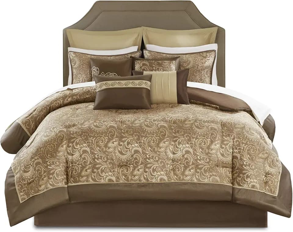 Madison Park Essentials Brystol 24 Piece Room in a Bag Faux Silk Comforter Jacquard Paisley Design Matching Curtains Down Alternative Hypoallergenic All Season Bedding-Set, Queen(90"x90"), Brown