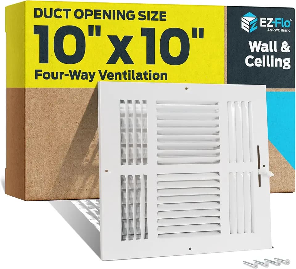 EZ-FLO 10 x 10 Inch (Duct Opening) Air Vent Cover for Wall or Ceiling, Four-Way Ventilation Register, Solid Steel HVAC Register Cover, White, 61619