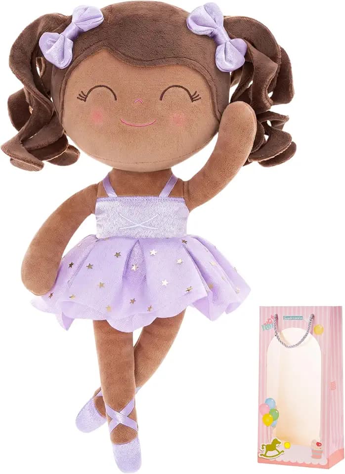 Gloveleya Baby Dolls Soft Snuggly Curly Hair Ballerina Doll First Baby Girl Gifts Plush Tanned Ballet Doll with Lace Mesh Dress Purple Ballerina Series