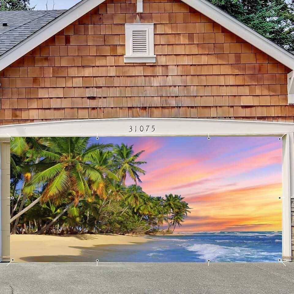7x16ft Tropical Beach Garage Door Cover for Double Garage Door Summer Decorations Clouds Tall Palm Trees Sunrise Sunset Hawaiian Summer Garages Banner Backdrop for Photography