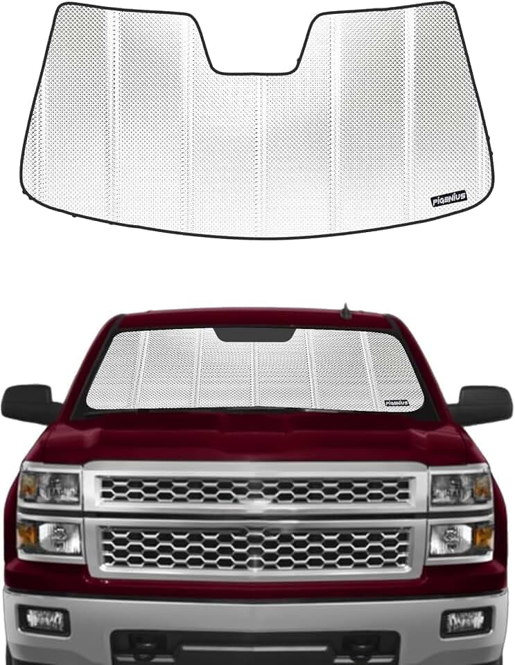Pigenius Windshield Sun Shade for Chevrolet Silverado/GMC Sierra 1500/2500/3500 2007-2013. Reflective Aluminum Film Front Window Sunshade - BLAZBLOCK