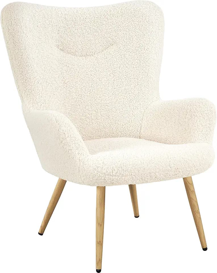 Yaheetech Ohrensessel eleganter Armsessel Polsterstuhl mit klappbare Rückenlehne Lehnsessel bis 136 kg belastbar Sessel fürs Wohnzimmer/Schlafzimmer Elfenbein