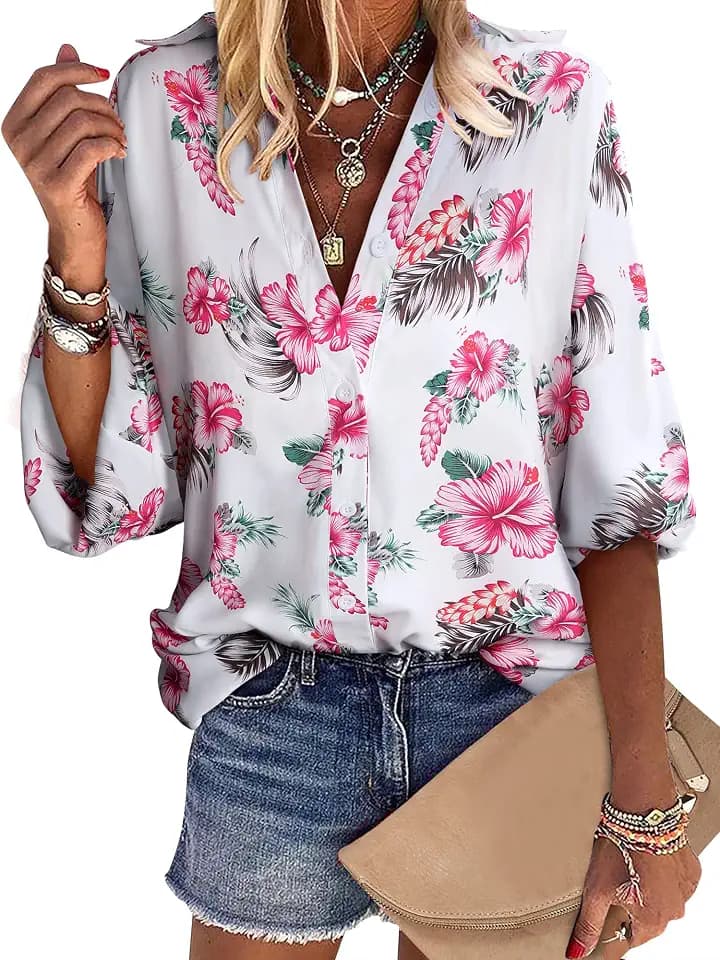 ZXZY Womens Hawaiian Shirt Long Sleeve Tropical Tops Dressy Casual Blouses