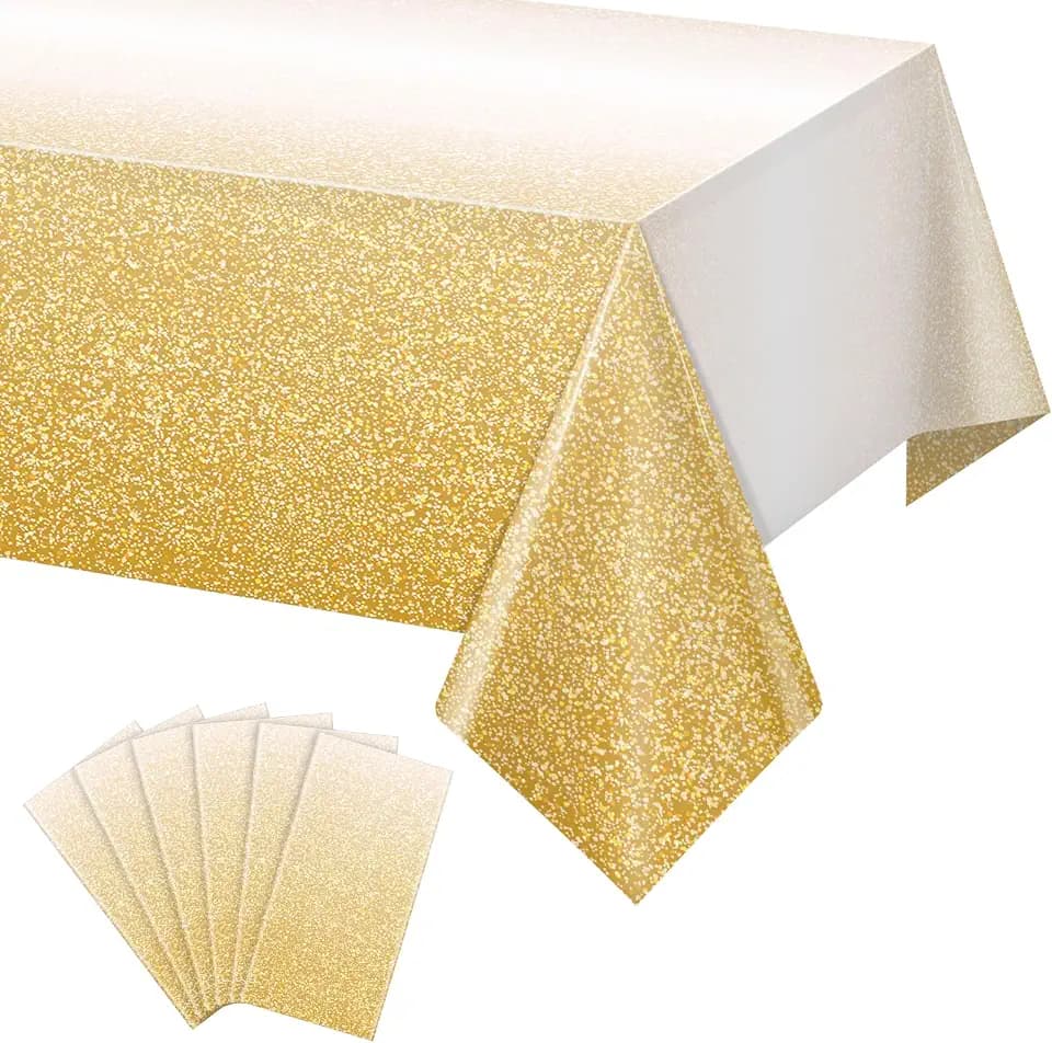 6 Pack Ombre Gold Plastic Tablecloth for Parties, Gradient Yellow Gold Disposable Tablecloths for Rectangle Tables, Light Gold Sprinkle Table Cover for Wedding Birthday Anniversary Party, 54 x 108Inch