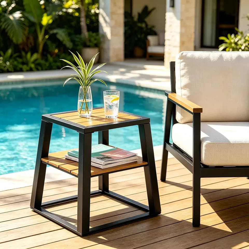 Christopher Knight Home Tova 2-Tier Acacia Wood Outdoor Side Table, Decorative Square Small Accent Table with Slatted Design, Weather Resistant Patio End Table with Iron Frame for Balcony, Teak+Black