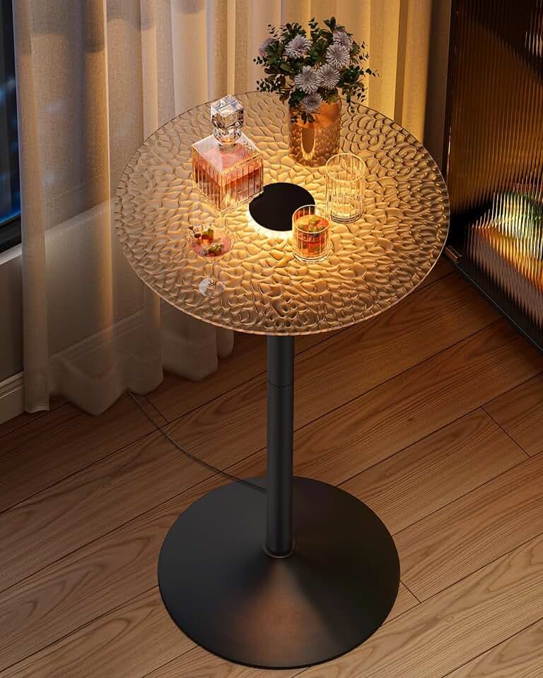 VASAGLE Round Bar Table with Multi-Colored Lights and Glass Top