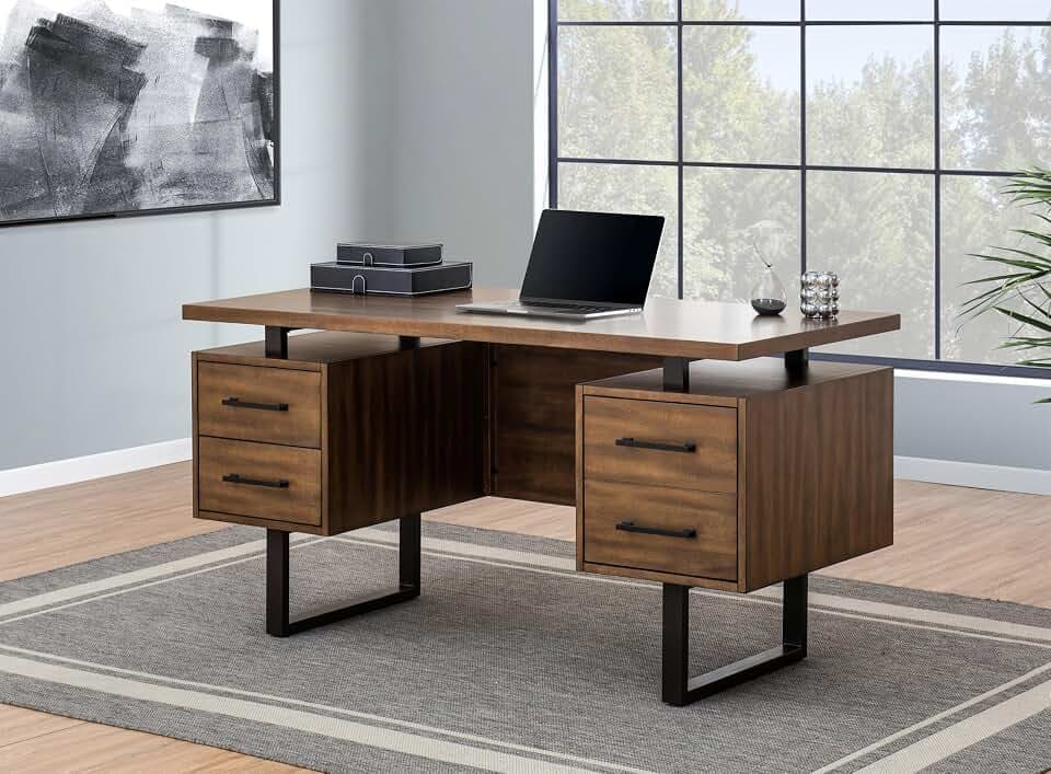 Sunjoy Computer Desk, 60 Inch Milano Floating Pedestal Desk, Modern Home Office Desk Large Work Station with Charging Station and Four Drawers