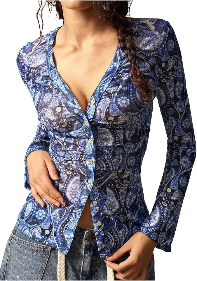 SweatyRocks Women's Y2K Paisley Long Sleeve Fitted Tops Boho Shirt Retro