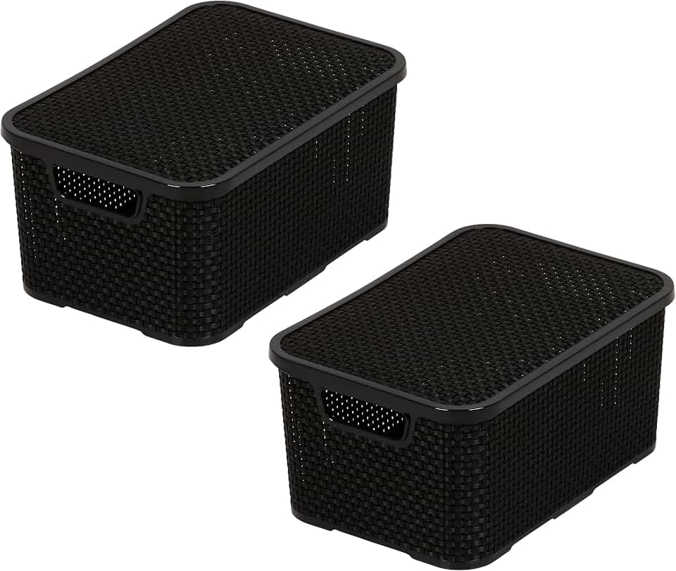 BranQ - Home essential Korb mit Deckel in Rattan Design 2er Set Grösse S 7l, Kunststoff PP, Schwarz, 28,5x19,5x12,9 cm, 2 Stk.