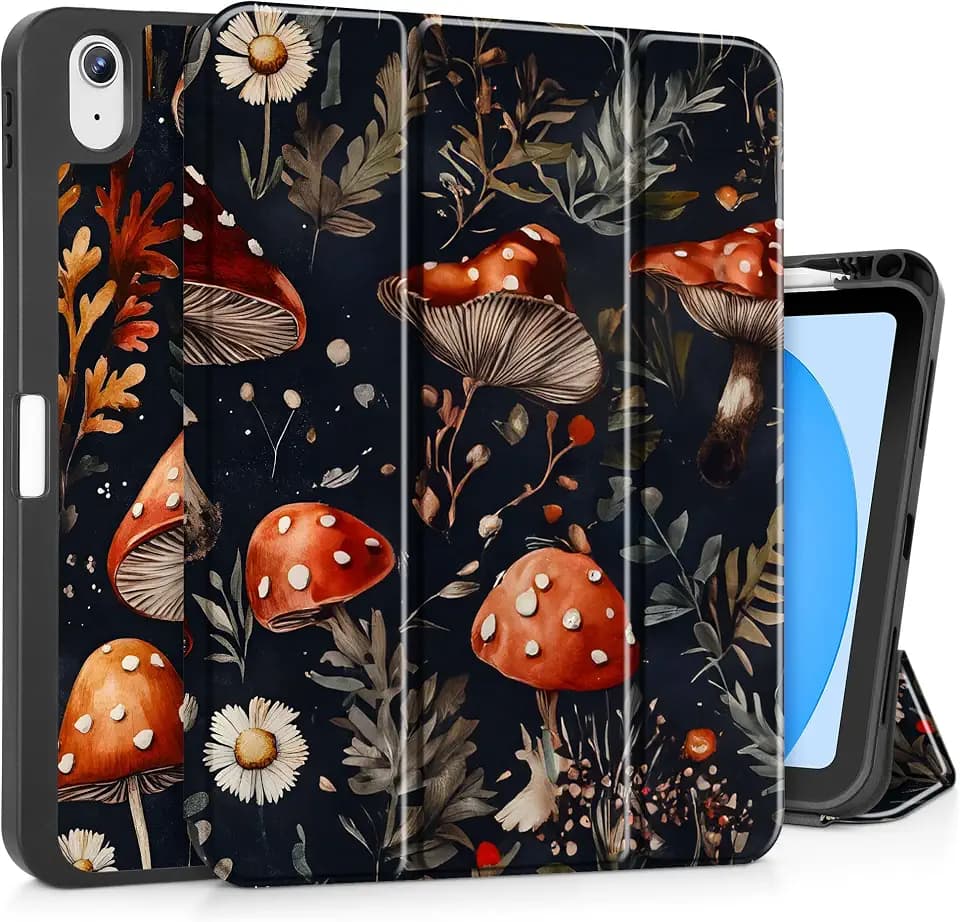 May Chen for iPad (A16) 11th Generation Case 11 Inch 2025, iPad 10th Gen Case 2022 10.9 inch, Trifold Stand with Auto Wake/Sleep Soft TPU Protective Stand Back Cover, Mushrooms