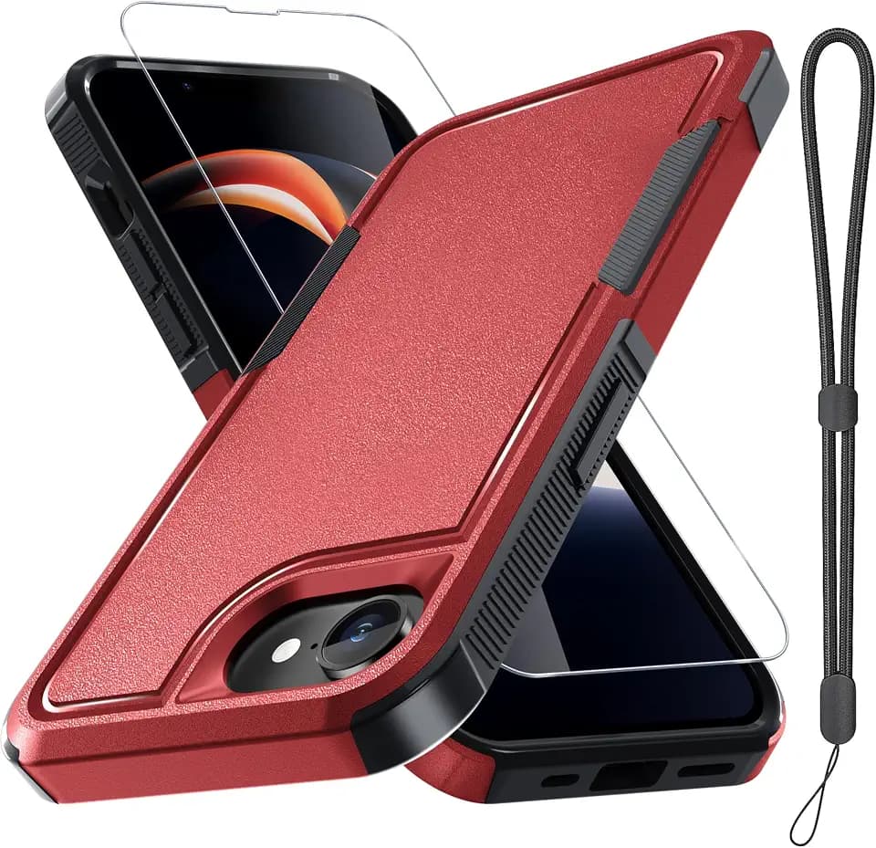 for iPhone 16e Case & iPhone 17e Case, with Screen Protector,Military Grade Heavy Duty Shockproof Phone Cover with Wrist Lanyard Strap for iPhone 16e & iPhone 17e,Red