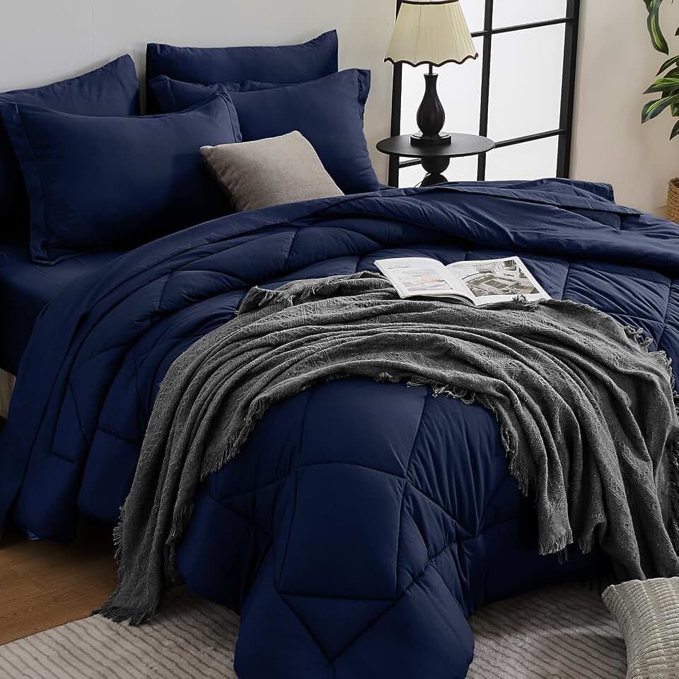 HEVUMYI 7-Piece California King Comforter Set, Navy Bed in a Bag