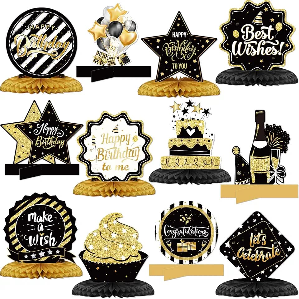Clabby 12 Pcs Black Gold Birthday Decorations Table Honeycomb Centerpieces