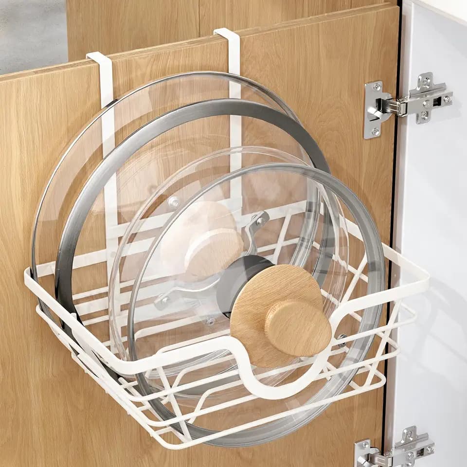 TIDIIABODE Lid Organizer, Adjustable Kitchen Pot Lid Holder Inside Cabinet, Kitchen Cabinet Organizer Hanging for Food Storage Container, Pot Lid Organizer, White