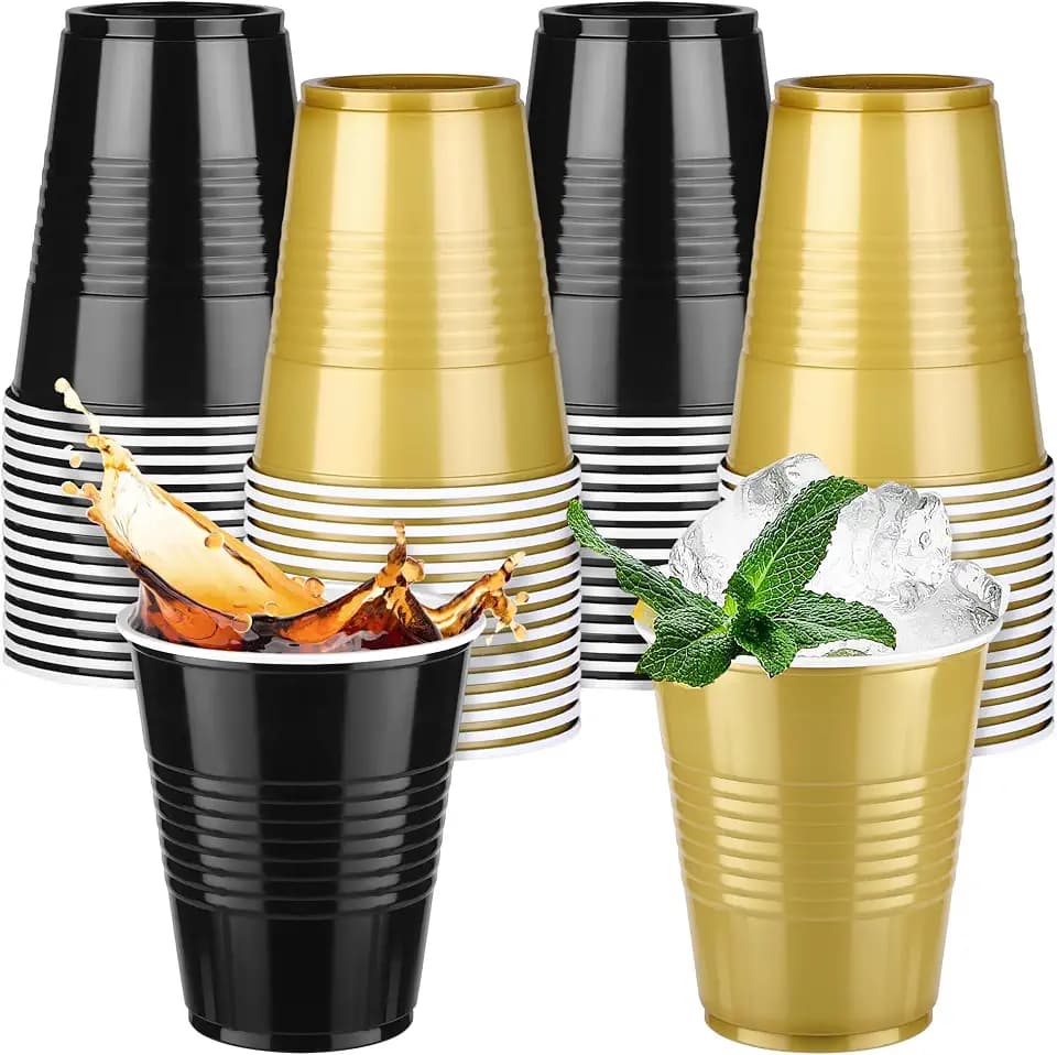 Kochorie 60 Pcs 12 Oz Plastic Graduation Cups, Black and Gold Disposable Party Cups, Heavy Duty Drinking Cup Bulk for Wedding Birthday Graduation Baby Shower Family Gatherings Festive Celebrations