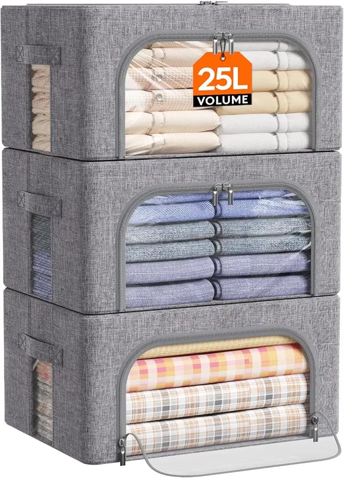 Lifewit Aufbewahrungsbox 25L, Kleidung Aufbewahrung, 3er Set, Hellgrau | Faltbare Kleideraufbewahrung mit Metallrahmen, Stoffbox mit Griffen & Fenster, Aufbewahrung Kleiderschrank mit Deckel