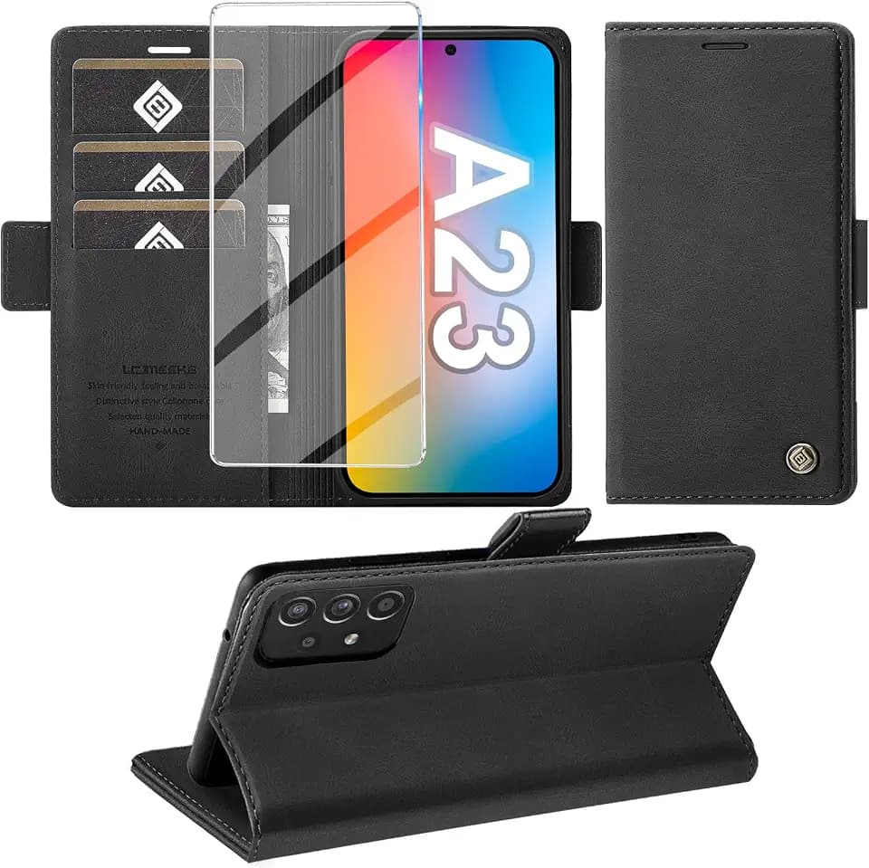 Giyer Handyhülle für Samsung Galaxy A23 5G Hülle mit Displayschutzfolie, Galaxy A23 5G Hülle Brieftasche Leder Kartenfach Standfunktion Schutzhülle Flip Case Cover Klapphülle Schwarz