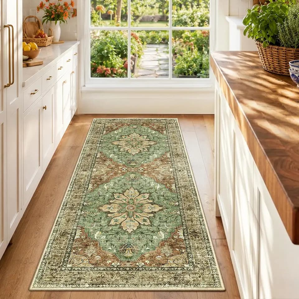 RELEANY Washable Area Rug, Runner 2'x6', Brick/Brown/Green