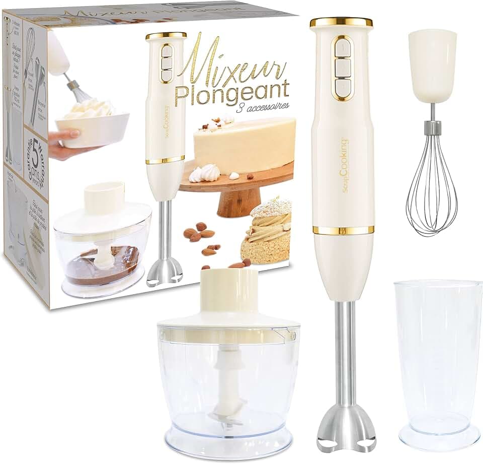 SCRAP COOKING Stabmixer, multifunktional, 3-in-1: Standmixer, Schneebesen & elektrischer Zerkleinerer – Mixer mit Zubehör – für Gebäck, Cremes, Smoothies, Soßen – matt & goldfarben – 3889