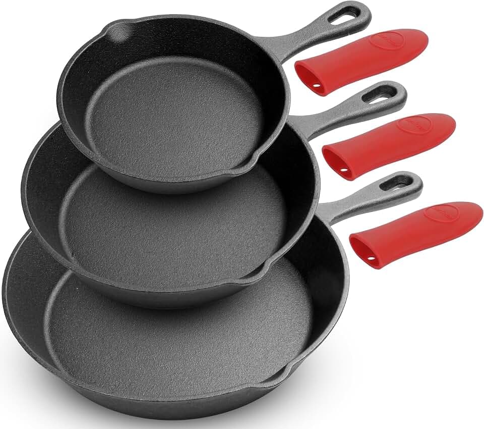 NutriChef 3pc Cast Iron Skillets - Pre-Seasoned Cast Iron Cookware with Drip Spout, Silicone Handles, For All Cooktops
