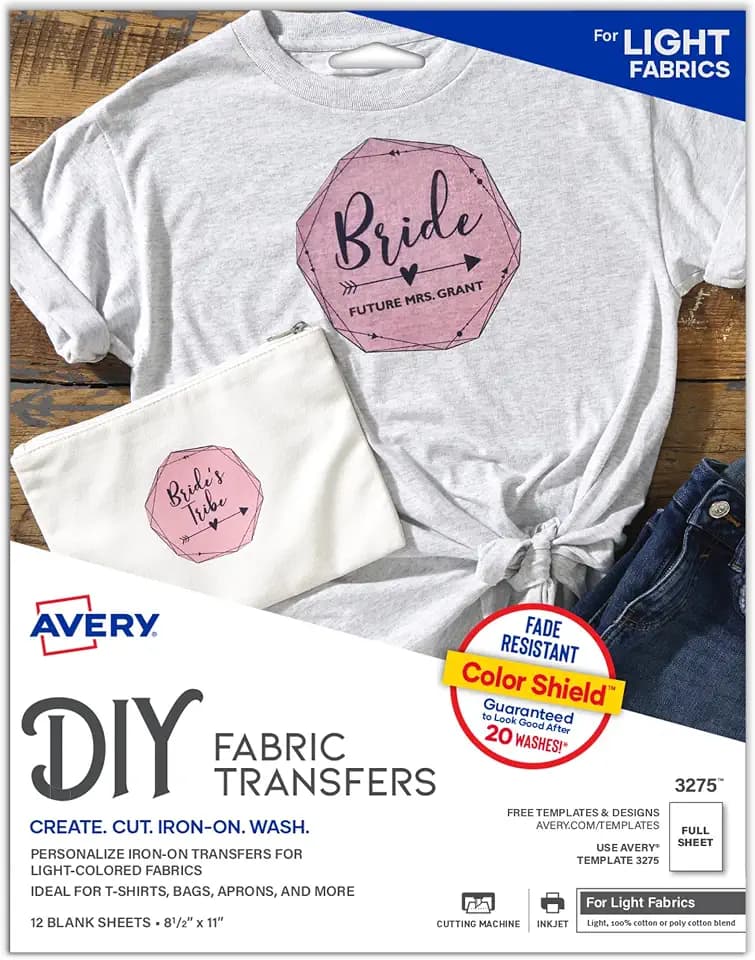 Avery Printable Heat Transfer Paper for Light Fabrics, 8.5" x 11", Inkjet Printer Compatible, 12 Sheets of Iron On Transfer Paper, Great for Custom Shirts, Uniforms, Gifts, and More (3275)