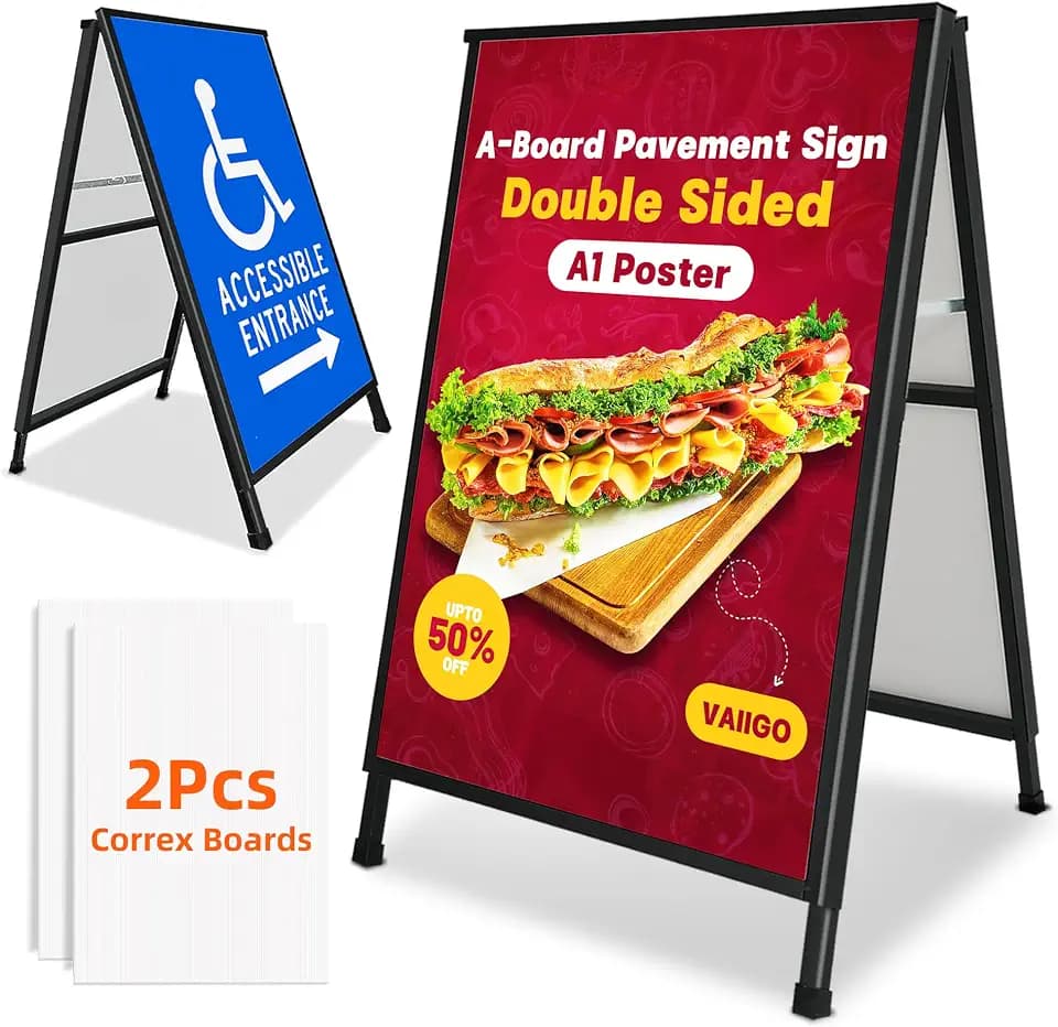 Kundenstopper DIN A1 – Doppelseitiger & Stabiler Plakatständer/Aufsteller für Außen | A-Board Werbeaufsteller, Gehwegaufsteller, Werbetafel & Infoständer aus Metall inkl. Schutzfolie