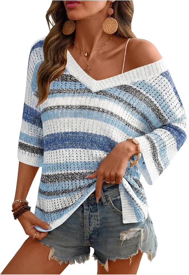 Rapbin Women's Crochet V Neck Beach Cover Up 3/4 Sleeve Hollow Out Knitted Pullover Sweater