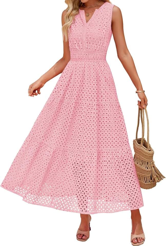 ZESICA Women's Sleeveless V Neck Hollow Out Eyelet A Line Flowy Maxi Dress