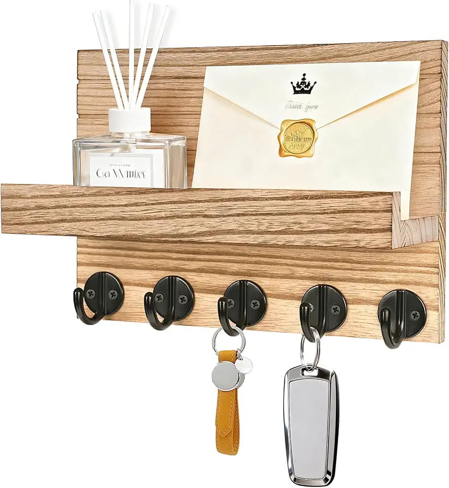 Schlüsselbrett mit Ablage, Dekoratives Holz Wandregal, Schlüsselbrett Holz, mit 5 Schlüsselhaken, für Eingang, Flur, Schlafzimmer, Wohnzimmer (Holzfarbe)