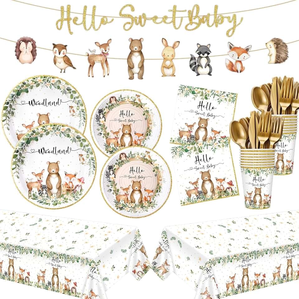 Remerry 403 Pcs Woodland Baby Shower Decorations for 50, Safari Jungle Animal Paper Plates Napkins Cups Cutlery Tablecloth and Banner Disposable Tableware Set for Woodland Baby Shower Party Supplies