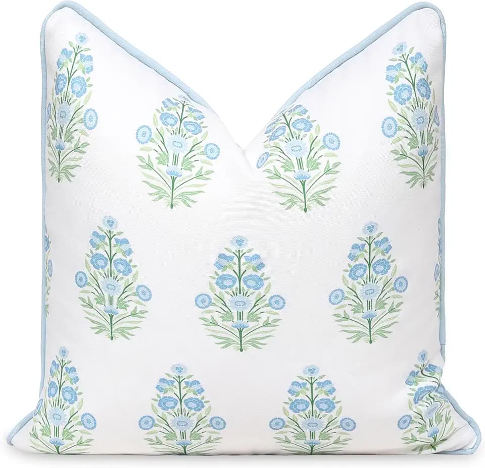 Hofdeco Premium Coastal Patio Indoor Outdoor Throw Pillow Cover Only, 18"x18" Water Repellent for Backyard, Couch, Baby Blue Green Floral with Piping