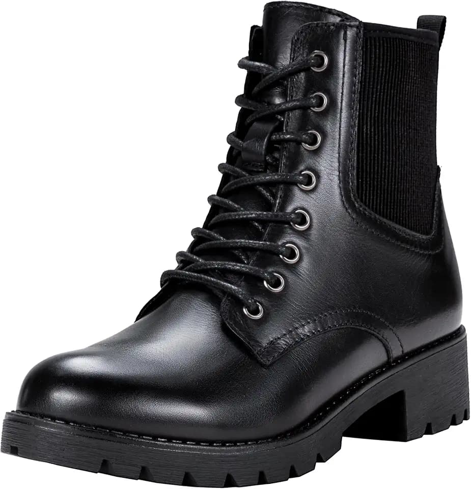 Vepose Women's Lace Up Combat Ankle Boots with Zipper and Lug Sole