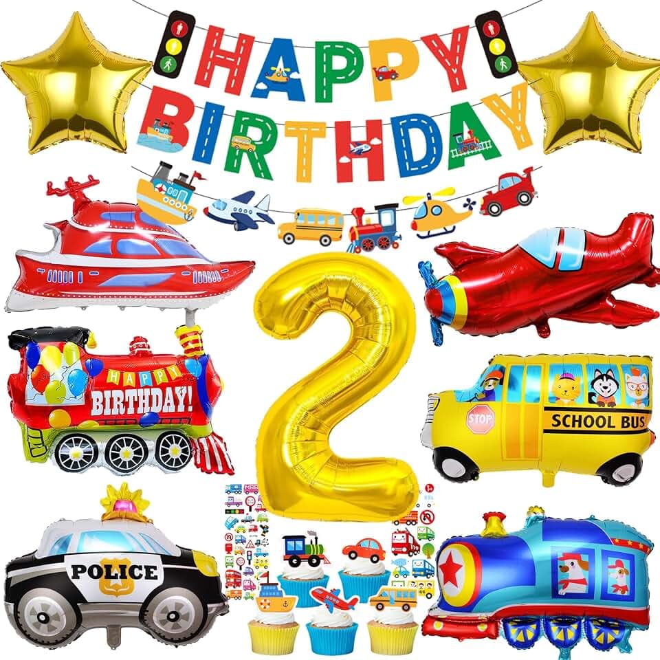 Auto Deko 2. Geburtstag Junge - Two Fast Geburtstagsdeko, Boot Flugzeug Zug Schulbus Polizeiauto Verkehr Luftballon, Transport Car Tortendeko, Aufkleber und Happy Birthday Banner Set Kindergeburtstag