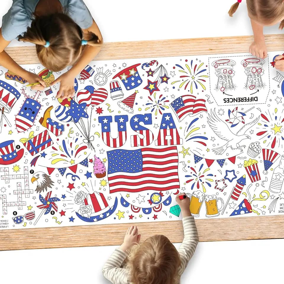 Gatherfun 4th of July Patriotic Coloring Tablecloth 31.5x72 - American Flag-Themed Giant Poster for Independence Day Decor & Activities for Classroom or School Party Table Cover