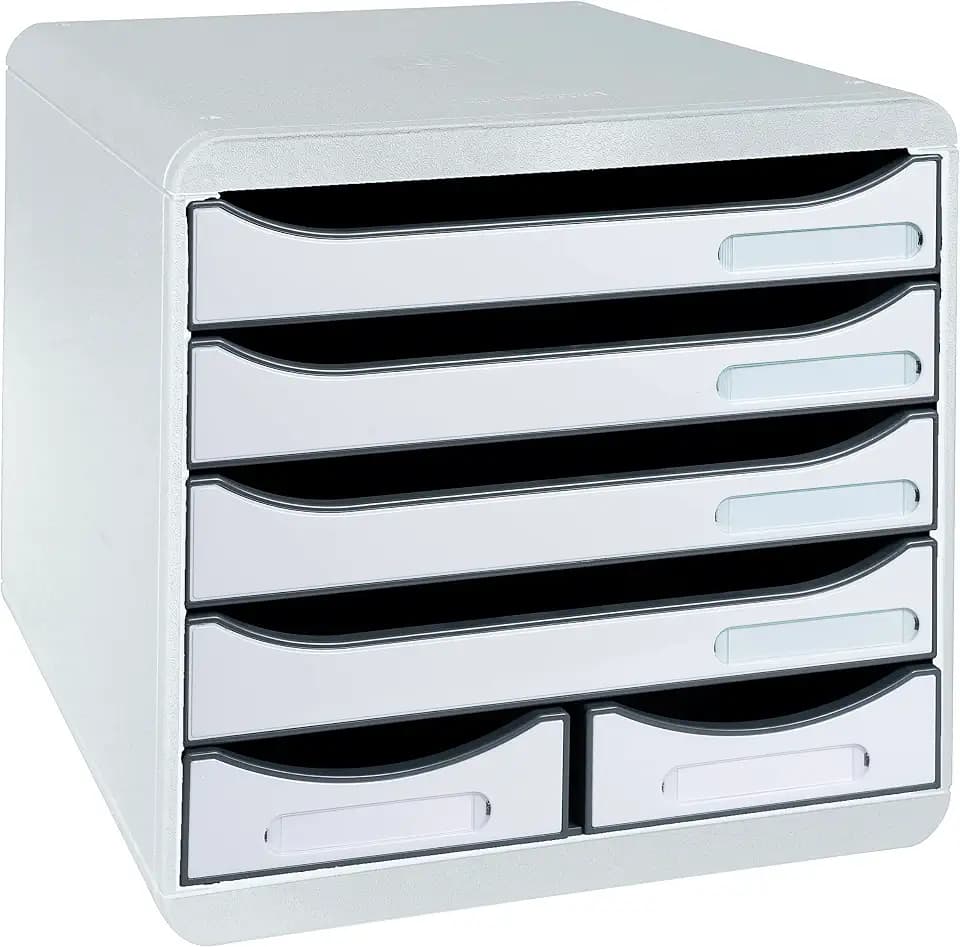 Exacompta 312740D Ablagebox Office aus Kunststoff mit 4 Schubladen für DIN A+ Dokumente und 2 Schubladen für Utensilien. Belastbare Schubladenbox für mehr Platz. Big Box Maxi lichtgrau