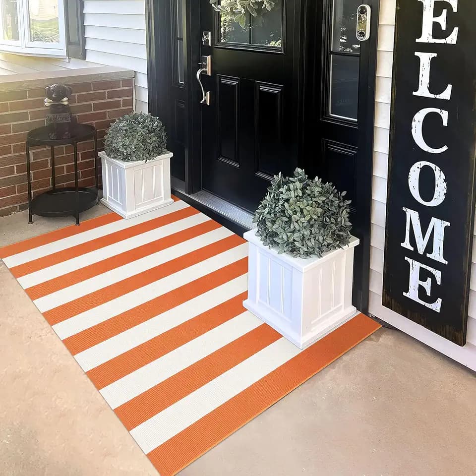 KILOCOCO 3x5 ft Fall Orange Rugs Woven Striped Halloween Front Door Mat