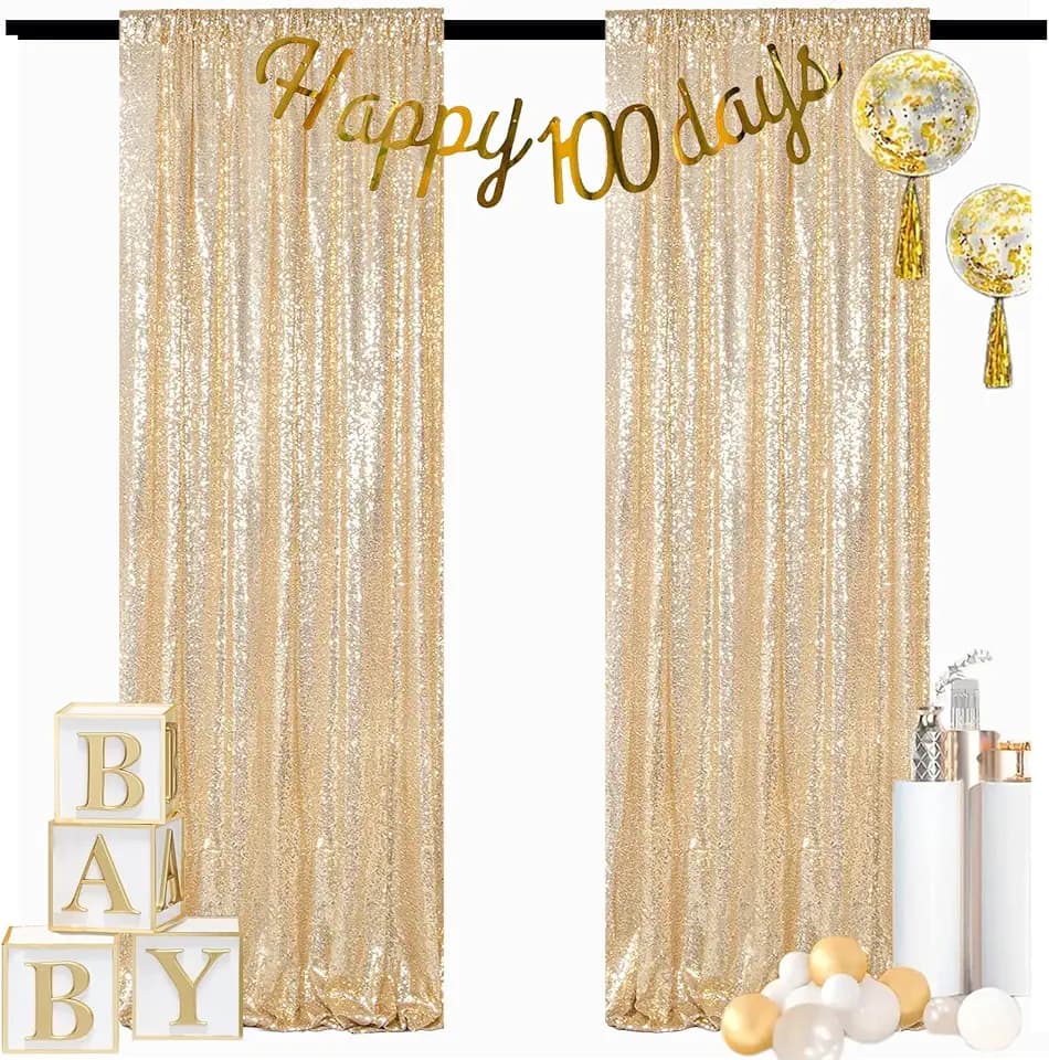 ShinyBeauty Light Gold Backdrop Sequin Curtains 4FTx7FT 2 Pieces Photograph Backdrops Golden Curtain Panels Shimmer Background for Birthday,Party,Wedding,Photoshoot Decor(8FTX7FT)