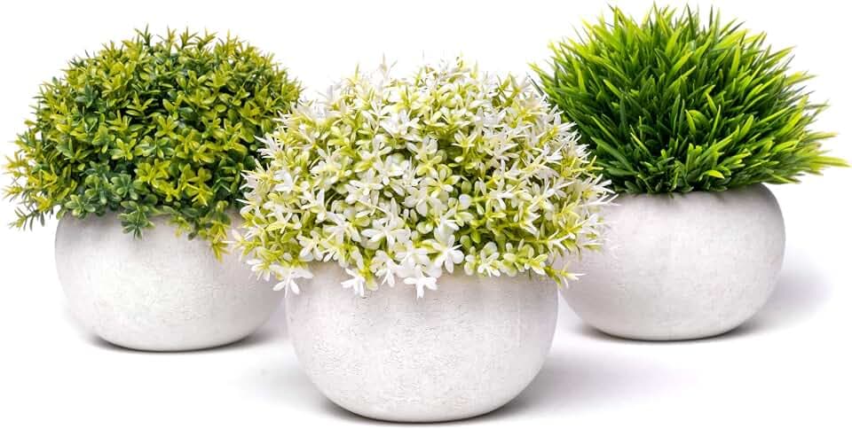 Künstliche Pflanzen im Topf 3er Set Wohnzimmer Deko modern | Kunstpflanze Mini Sukkulente Küchendeko Blumen | Kunstblumen Fensterbank Schreibtisch Balkon (Natur-Weiß, 3er Set)