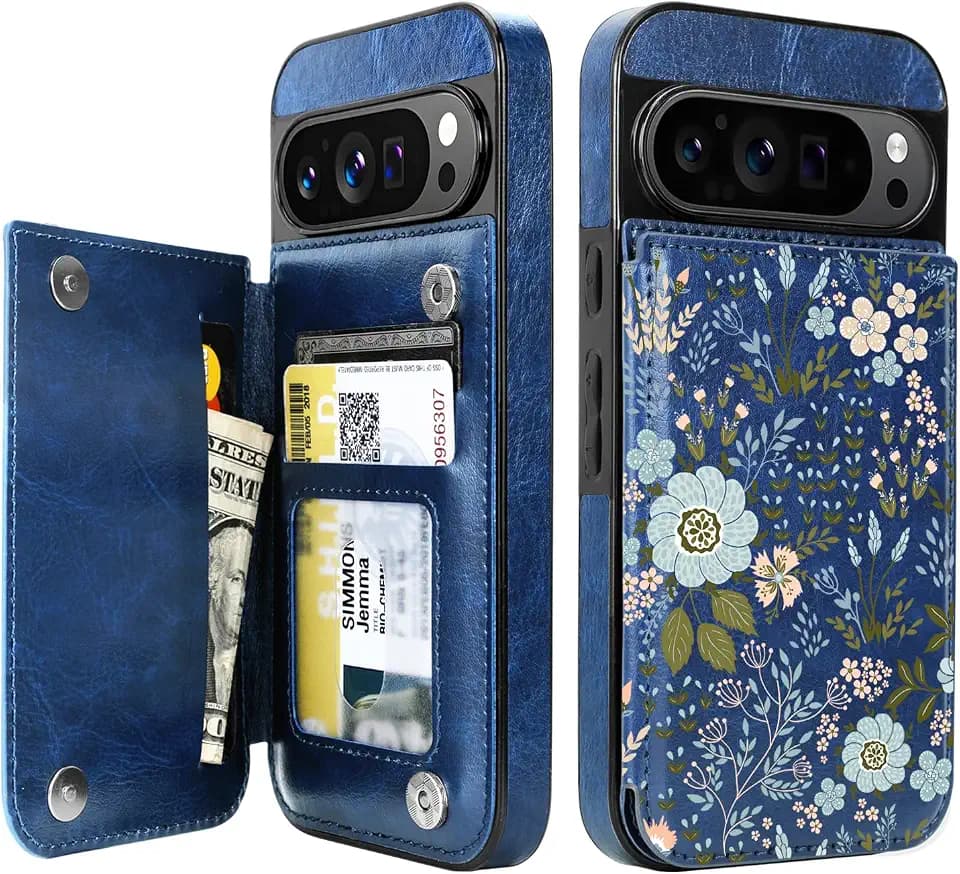 uCOLOR for Google Pixel 10/10 Pro Case with Card Holder Blue Daisy