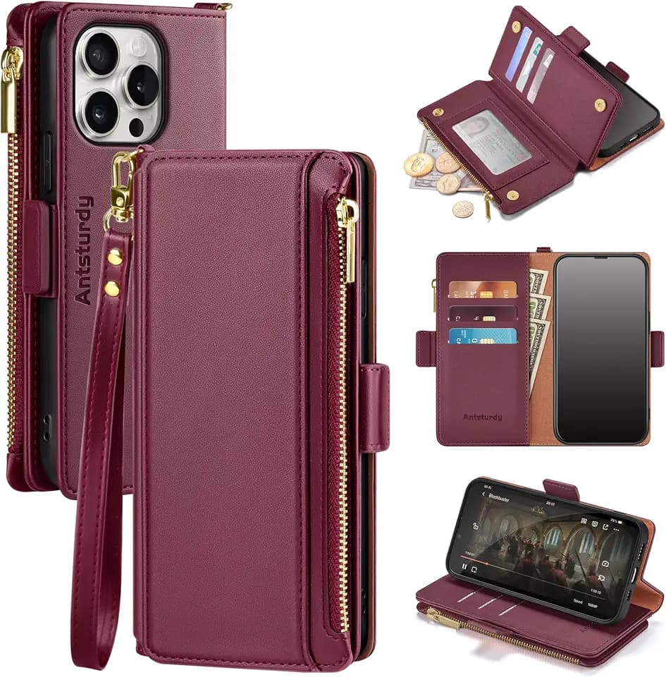 Antsturdy for iPhone 14 Pro Phone Wallet Case Women,Wine Red