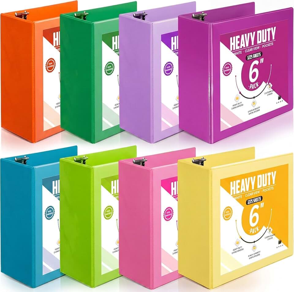 Sinload 8 Pcs 6 Inch 3 Ring Binder Heavy Duty Locking D Ring, Multicolor