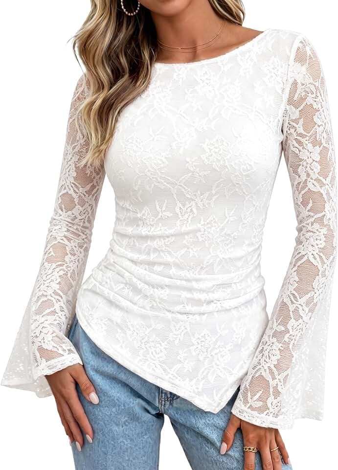 GRACE KARIN Damen Spitzen Schmale Bluse Glockenärmel Festlcihe Oberteile