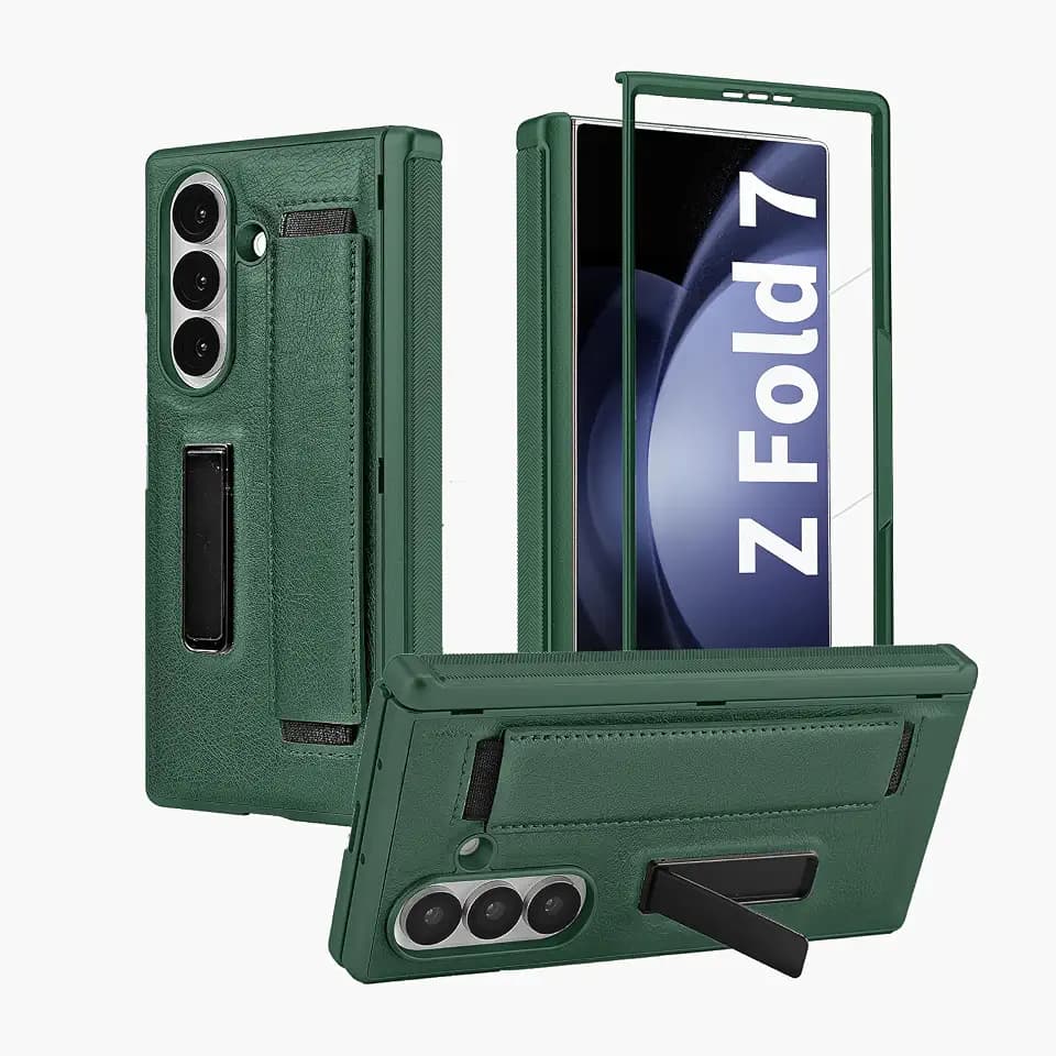 ​​for Samsung Galaxy Z Fold 7 Slim Case with Wrist Strap & Multi-Angle Stand, Built-in Hinge & Screen Protector Shockproof Full Body Drop Fall Protection - Green
