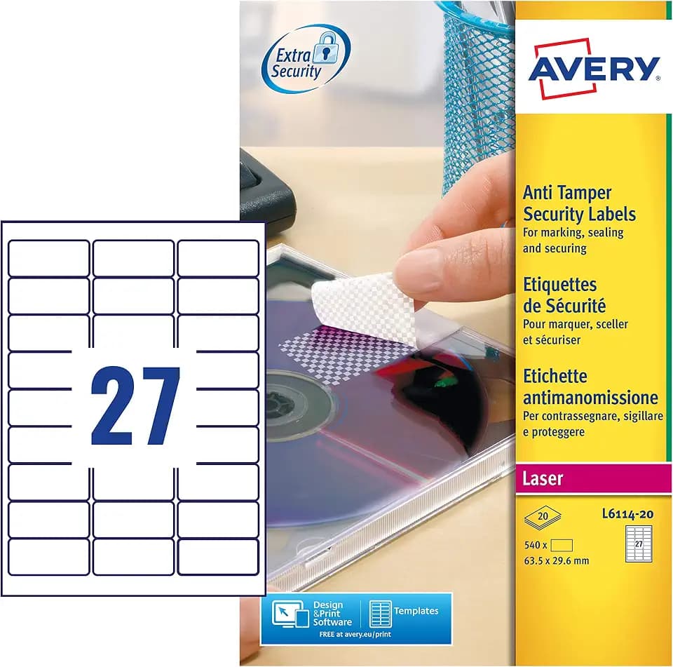 Avery Etiketten, manipulationssicher, 20 Blatt / 27 Etikett pro Blatt