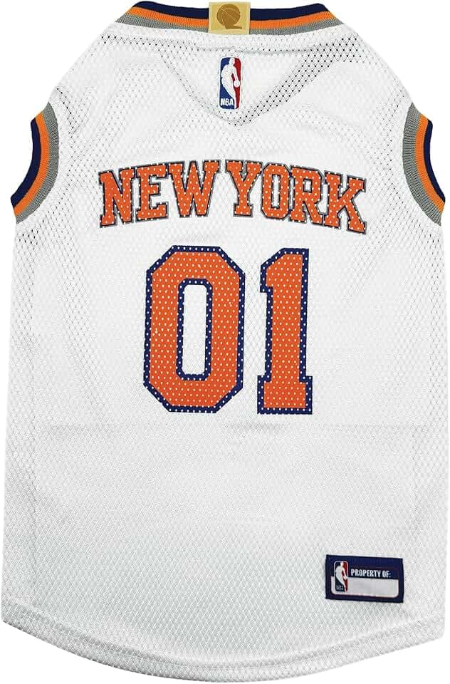Pets First Official NBA New York Knicks Road Jersey for Dogs & Cats in Team Color. Comfortable Stretchable Material, Size Large - Stylish Dog Basketball Jersey for Your Furry Fan